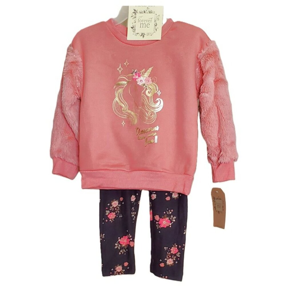 NWT. FOREVER ME Girls Unicorn Faux Fur Top & Leggings 2-Pc  Set